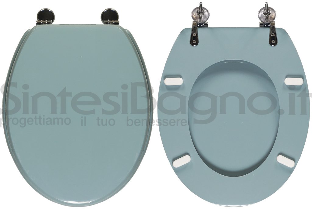 Sedile WC. Modello: UNIVERSALE. Tipo: UNIVERSALE. Materiale: LEGNO LAVORATO RIVESTITO RESINA POLIESTERE. Cerniere: OTTONE CROMATO. Colore: BLU REGGENZA