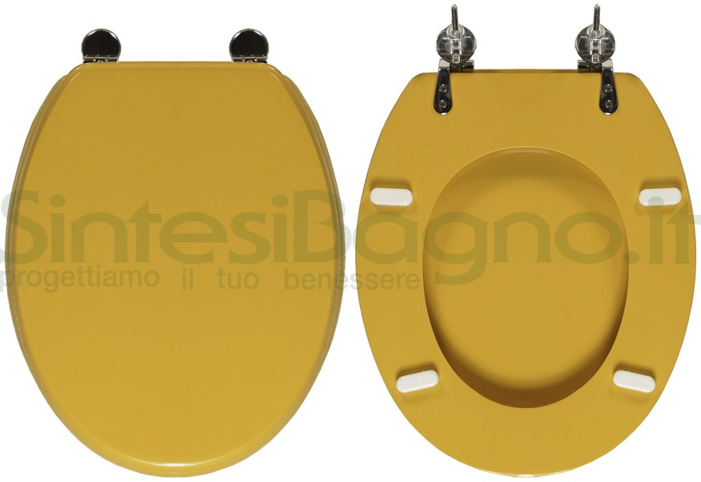 Sedile WC. Modello: UNIVERSALE. Tipo: UNIVERSALE. Materiale: LEGNO LAVORATO RIVESTITO RESINA POLIESTERE. Cerniere: OTTONE CROMATO. Colore: GIALLO DUNA