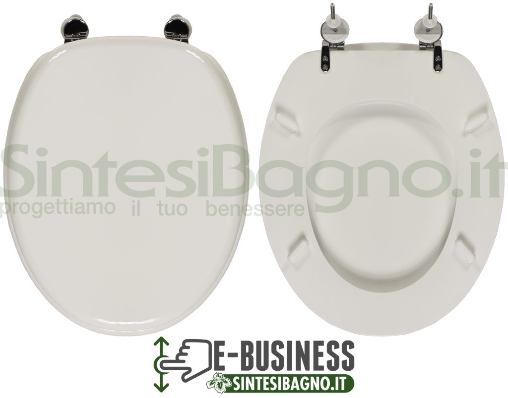 Sedile WC. Modello: UNIVERSALE. Tipo: UNIVERSALE. Materiale: MDF Verniciato. Cerniere: LEGA METALLICA CROMATA. Colore: BIANCO. Qualità: E-BUSINESS