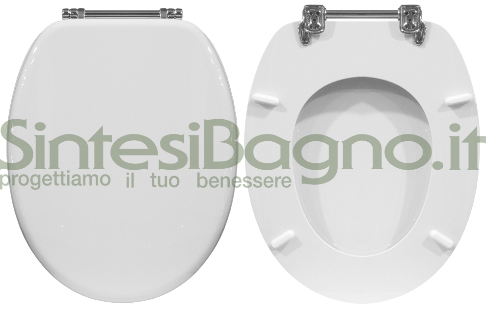 Sedile WC. Modello: UNIVERSALE. Tipo: UNIVERSALE. Materiale: LEGNO LAVORATO RIVESTITO RESINA POLIESTERE. Cerniere: OTTONE CROMATO a TUBETTO. Colore: BIANCO. Qualità: TOP LINE