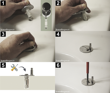 Fixation de l’abattant des toilettes avec système d’expansion (cheville).