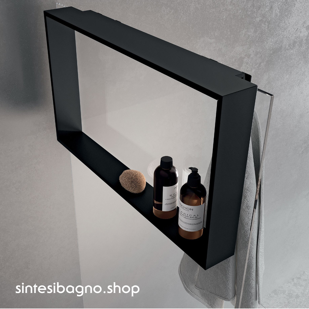 Mensola interna e gancio porta salviette esterno da agganciare al vetro. Finitura: nero opaco. L60 H40 P8,5 cm. Produttore: Novellini. Linea: Frame. R90AKFPO4070-H