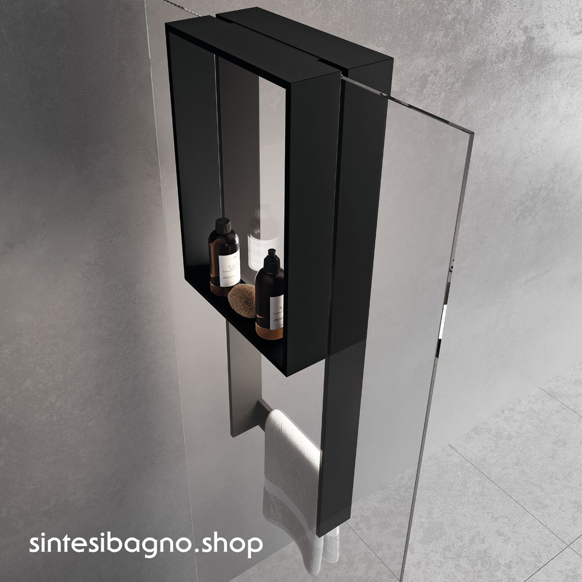 Mensola interna e porta salviette esterno da agganciare al vetro. Finitura: nero opaco. L35 H90 P8,5/8,5 cm. Produttore: Novellini. Linea: Frame. R90AKFPSPO3590-H